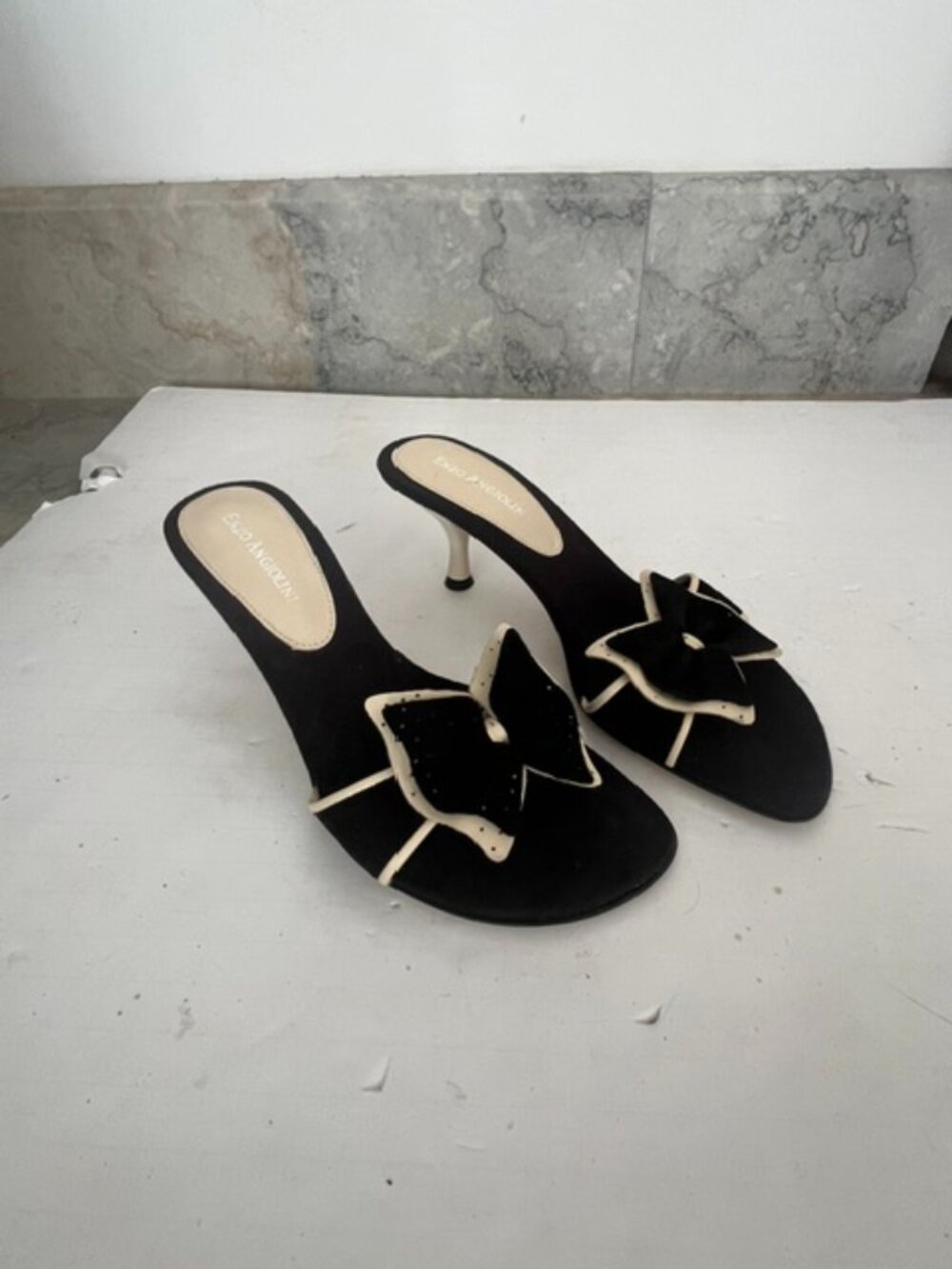 Enzo Angiolini Black Suede Mules Kitten Heel Pointed Toe Bow Slides Cream Trim